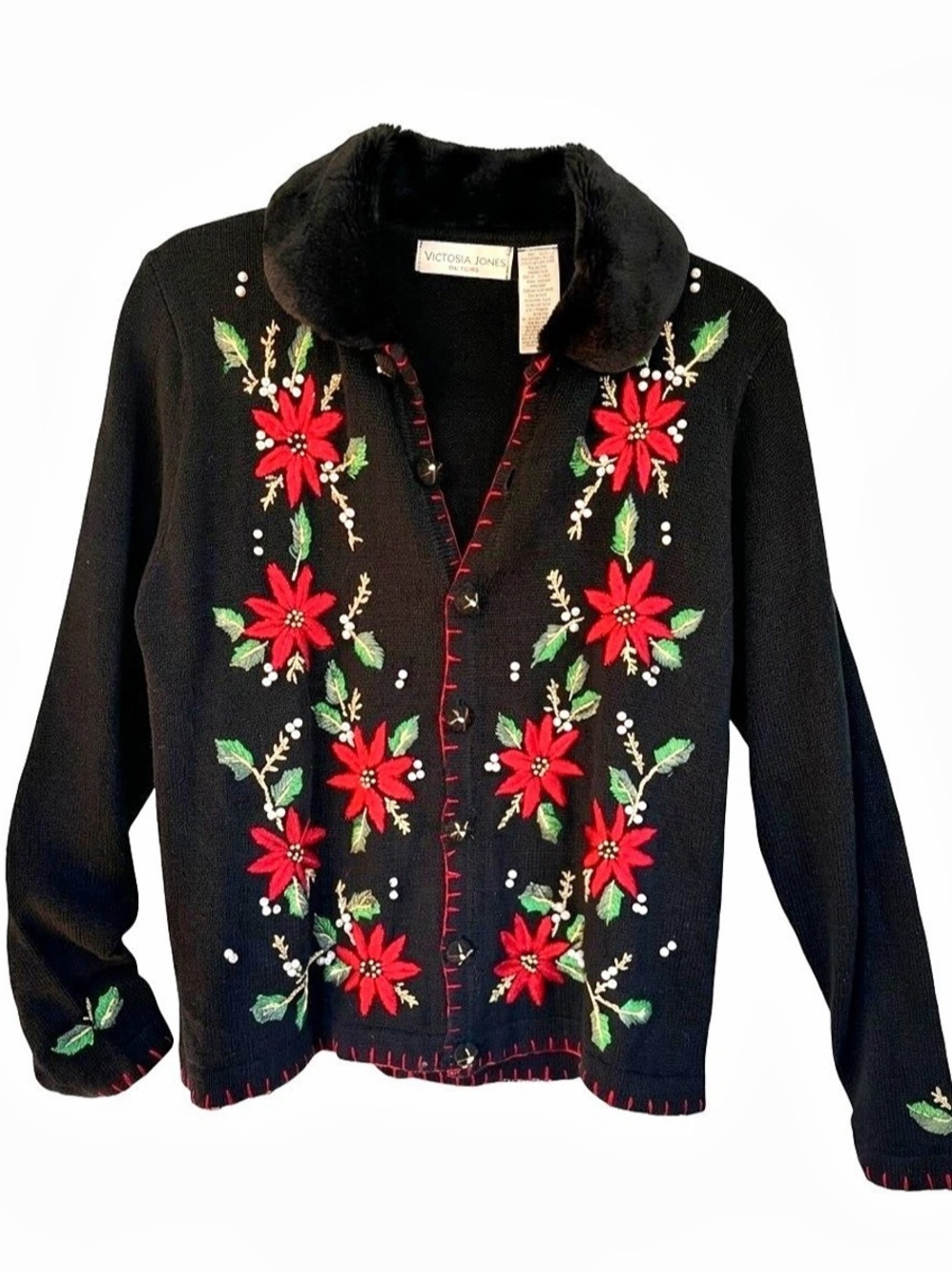 Victosia Jones Vintage Poinsettia Embroidered Christmas Cardigan Fo Fur Collar